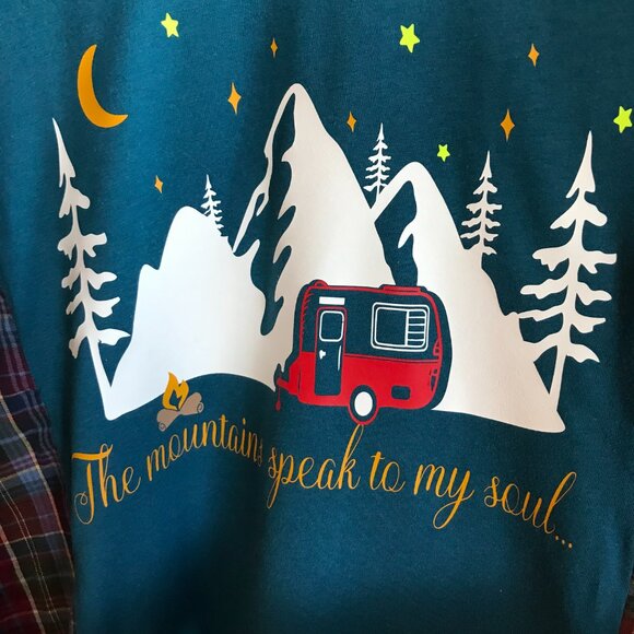 Flannel Shirt Upcycle, Size L-2XL: Reworked Oversized Mountain Camping Graphic - Picture 4 of 12